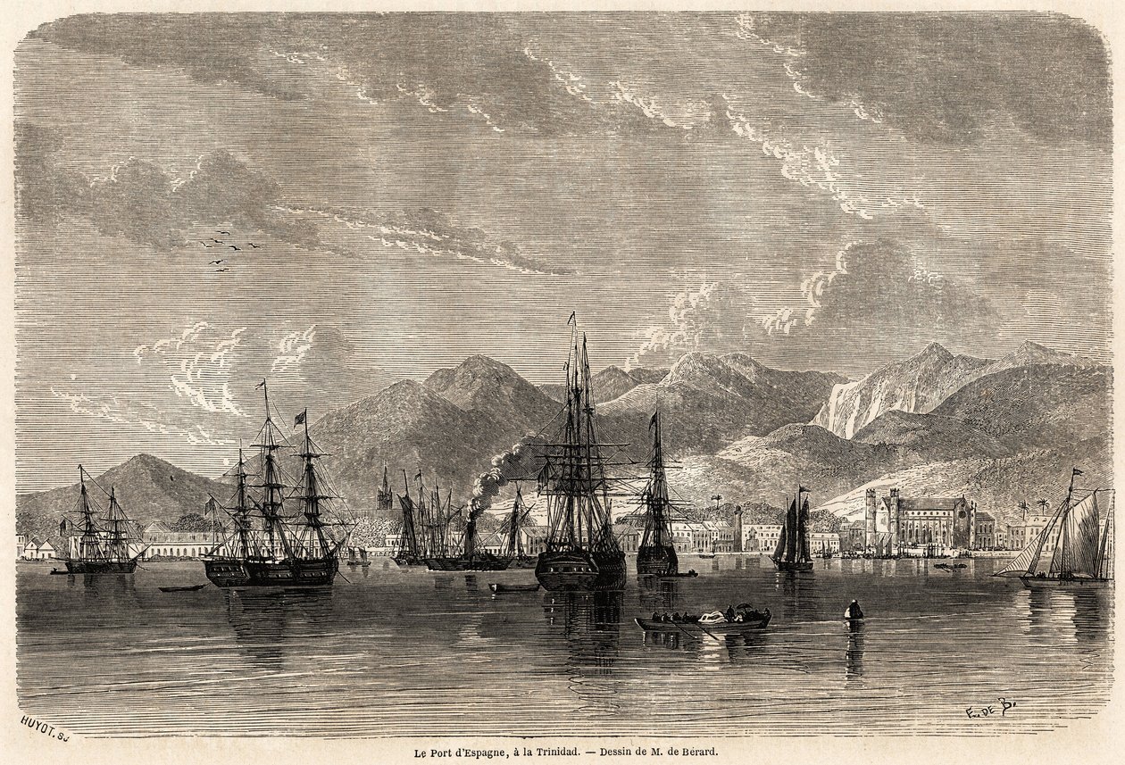 El puerto de España, en Trinidad (Trinidad y Tobago), dibujo de Evremond Auguste de Berard (1824-1881) para ilustrar los viajes a las Indias Occidentales en 1858-1859 por Anthony Trollope (1815-1882). Grabado en "Le tour du monde, nouveau journal des voyag de Evremond de (after) Berard