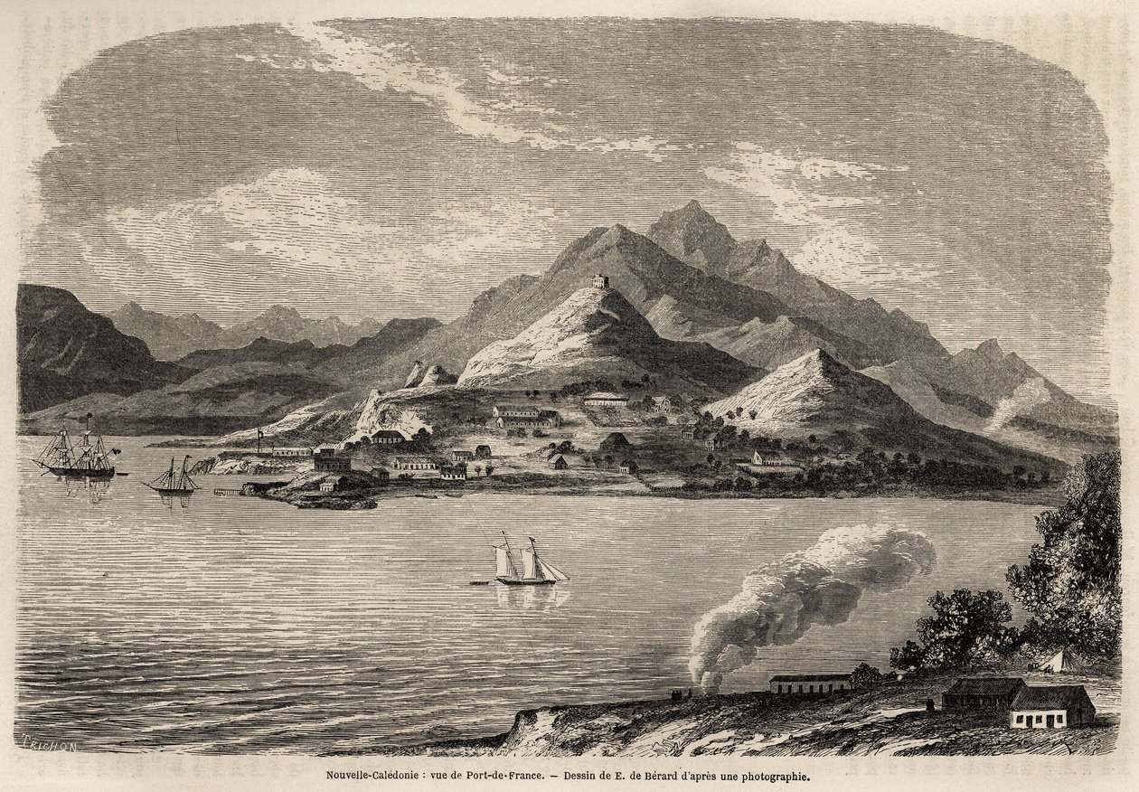 Vista del Puerto de Francia, Nueva Caledonia, dibujo de Evremont de Berard (1824-1881), para ilustrar el viaje de Victor de Rochas a Nueva Caledonia en 1859. Grabado en "Le tour du monde" 1861. Colección de Selva de Evremond de (after) Berard