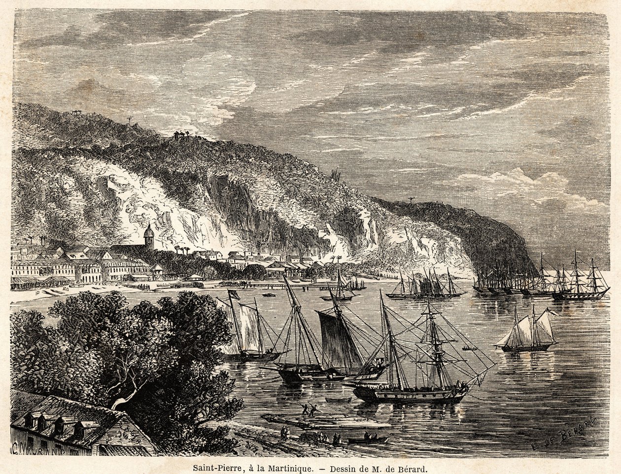 Vista de Saint Pierre, en Martinica, dibujo de Auguste de Bérard (1824-1881), para ilustrar los viajes a las Indias Occidentales, en 1858-1859, por Anthony Trollope (1815-1882). Grabado en "Le tour du monde, nouveau journal des voyages" París de Evremond de (after) Berard