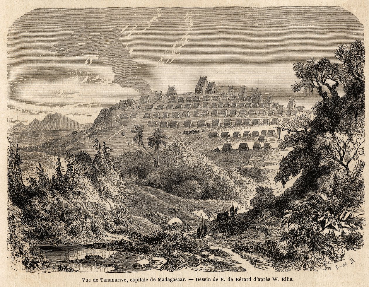 Vista de Tananarive, capital de Madagascar, dibujo de Evremond de Berard (1824-1881), para ilustrar el viaje de Ida Pfeiffer a Madagascar en 1857. Grabado en "Le tour du monde" 1861. Colección de Selva. de Evremond de (after) Berard