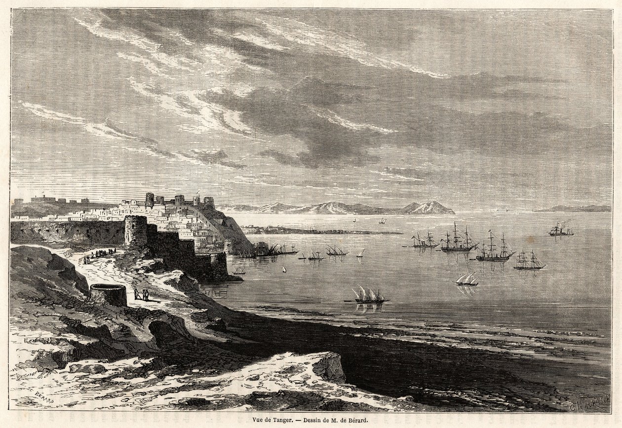 Vista de Tánger (Marruecos), dibujo de Evremond de Bérard (1824-1881), para ilustrar las notas de viaje de M.F.Schickler a Marruecos. Grabado en "Le tour du monde, nouveau journal des voyages" París de Evremond de (after) Berard