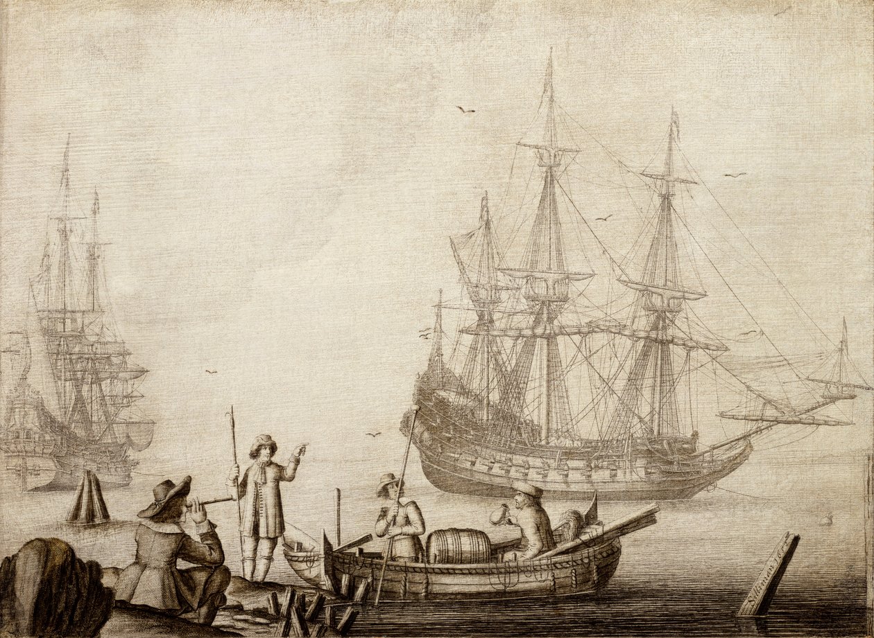 Hombres en una barca cerca de dos barcos holandeses de Experiens Sillemans