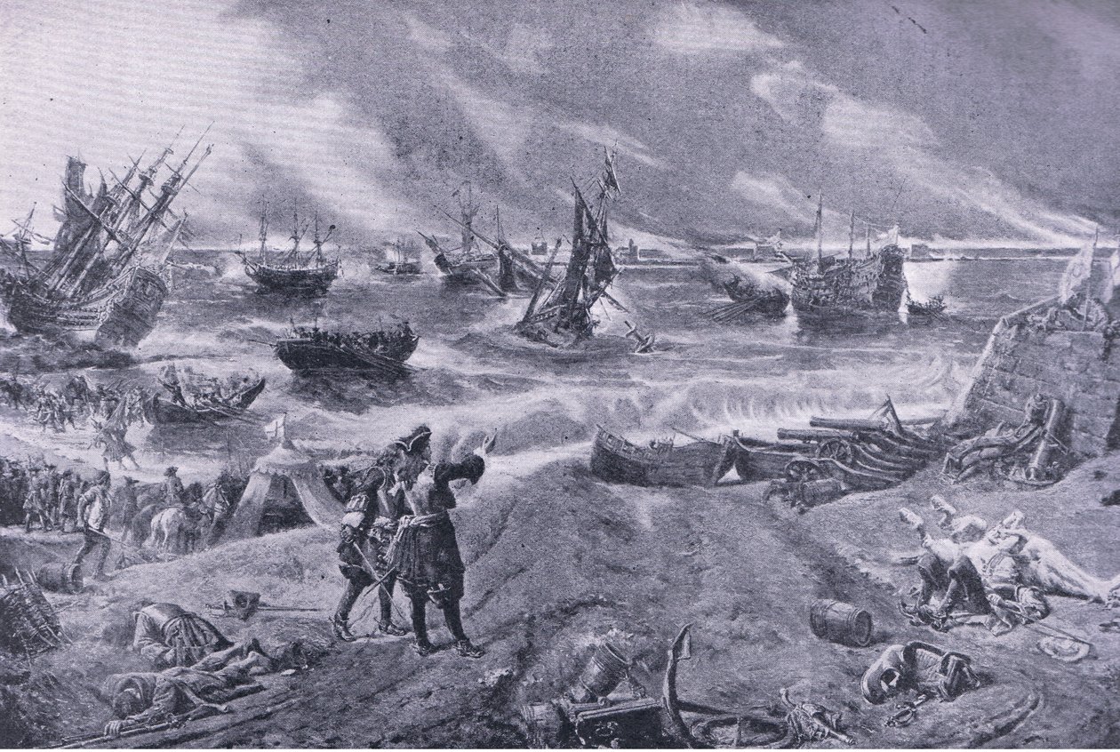 Jacobo II en la batalla de La Hogue, 23 de mayo de 1692, ilustración de British Battles on Land and Sea, 1915 de Eyre Crowe