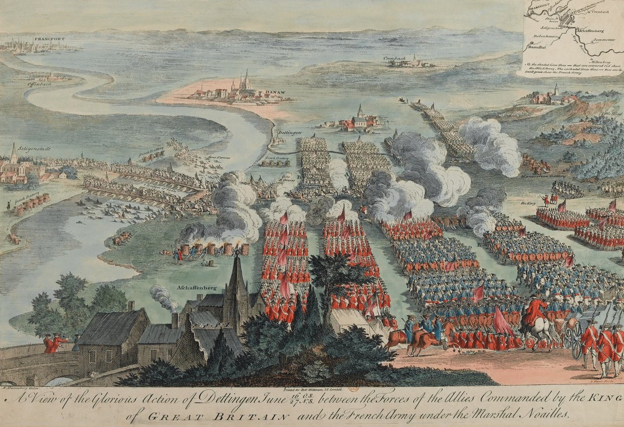 Vista de la gloriosa acción de Dettingen, 16-27 de junio de 1743, grabado por I. Pano, publicado por Robert Wilkinson, Londres, 1743 de F. Daremberg