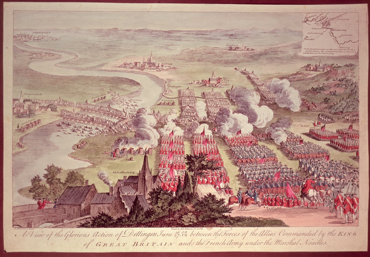 Vista de la gloriosa acción de Dettingen, 16-27 de junio de 1743, entre las fuerzas de los aliados comandadas por el Rey de Gran Bretaña y el ejército francés bajo el Mariscal Noailles (1678-1766), grabado de F. Daremberg