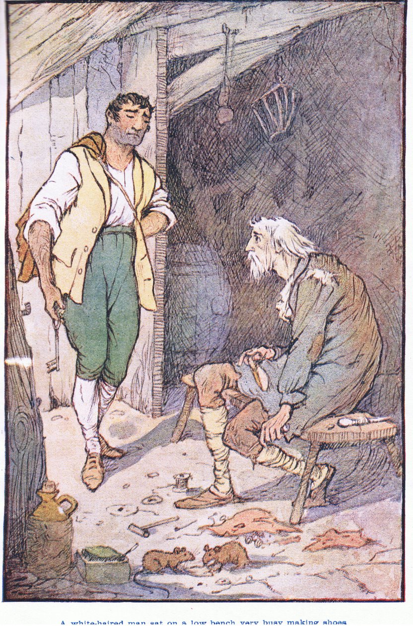 Un hombre de cabello blanco sentado en un banco bajo, muy ocupado haciendo zapatos de F. M. B. Blaikie