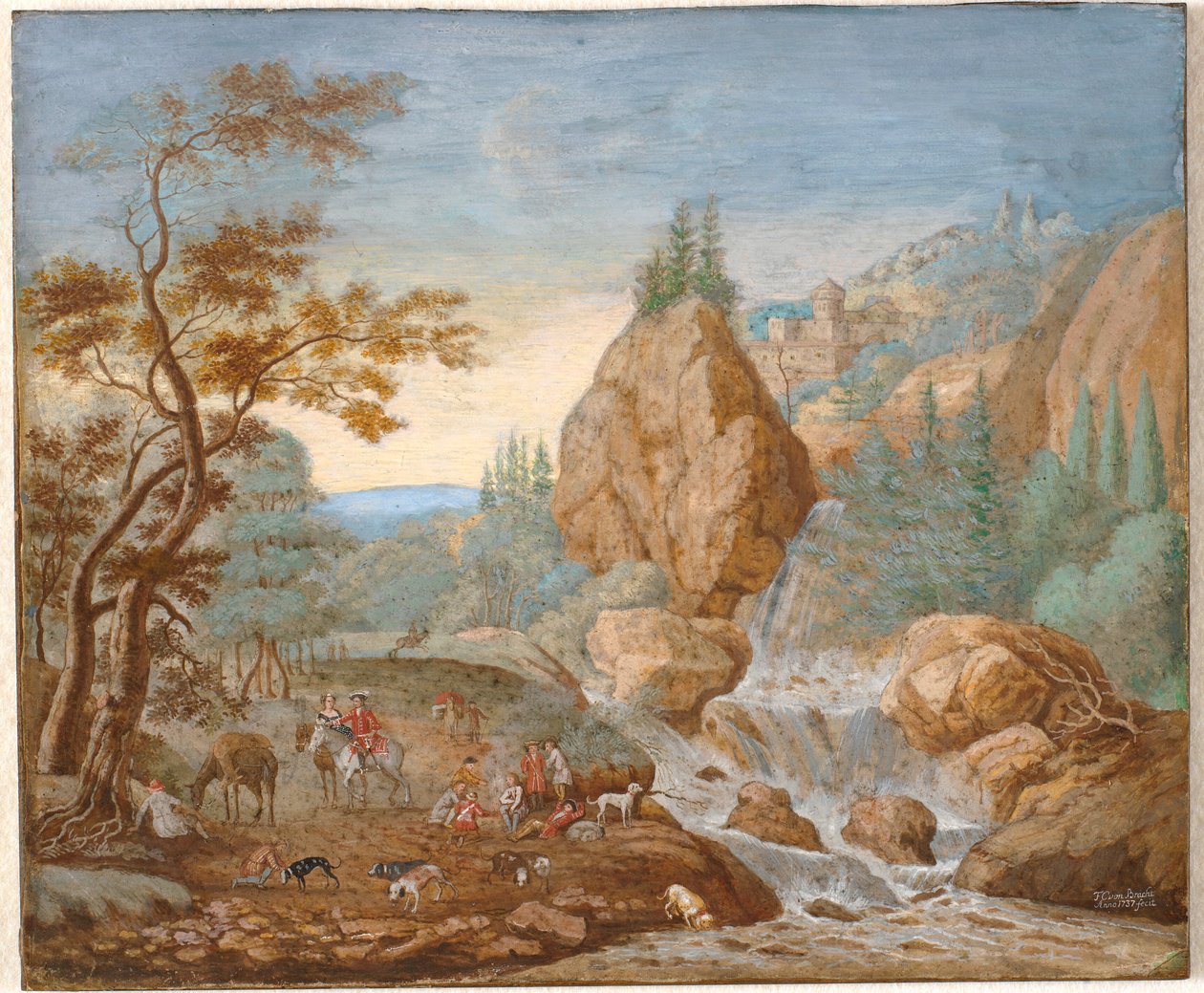 Paisaje montañoso con una partida de caza en primer plano de F.C. van Bracht