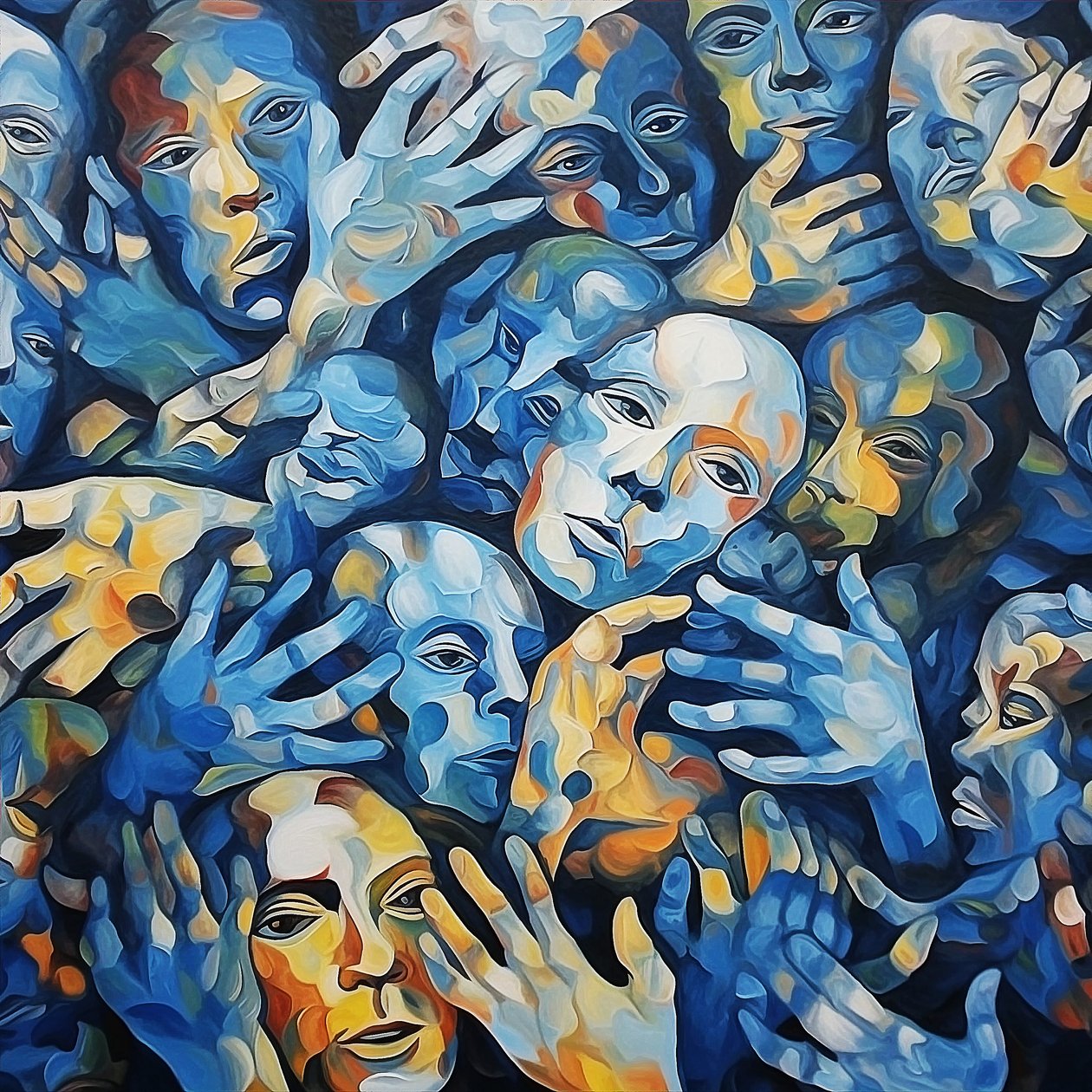 Una multitud de rostros sobre lienzo, Pintura mural contemporánea, impresión bajo demanda de F. Abderrahim