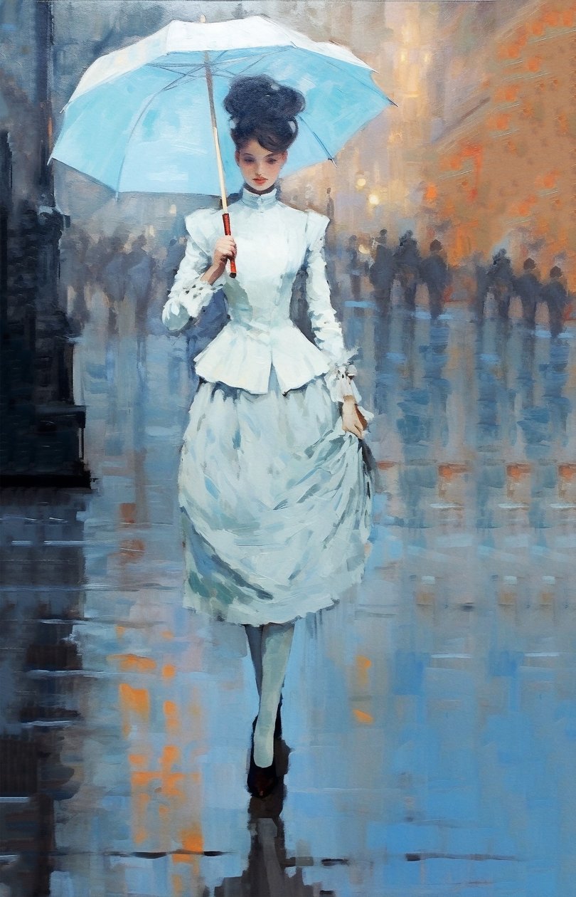 Una mujer joven de la moda se encuentra en la calle sosteniendo un paraguas, impresiones artísticas de F. Abderrahim