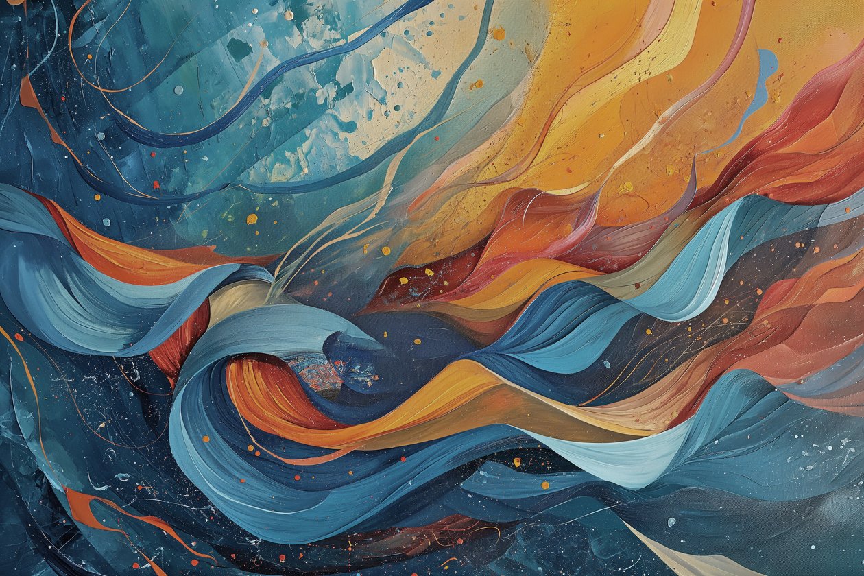 Pintura abstracta en olas de azul, naranja y amarillo, acrílico sobre lienzo de F. Abderrahim