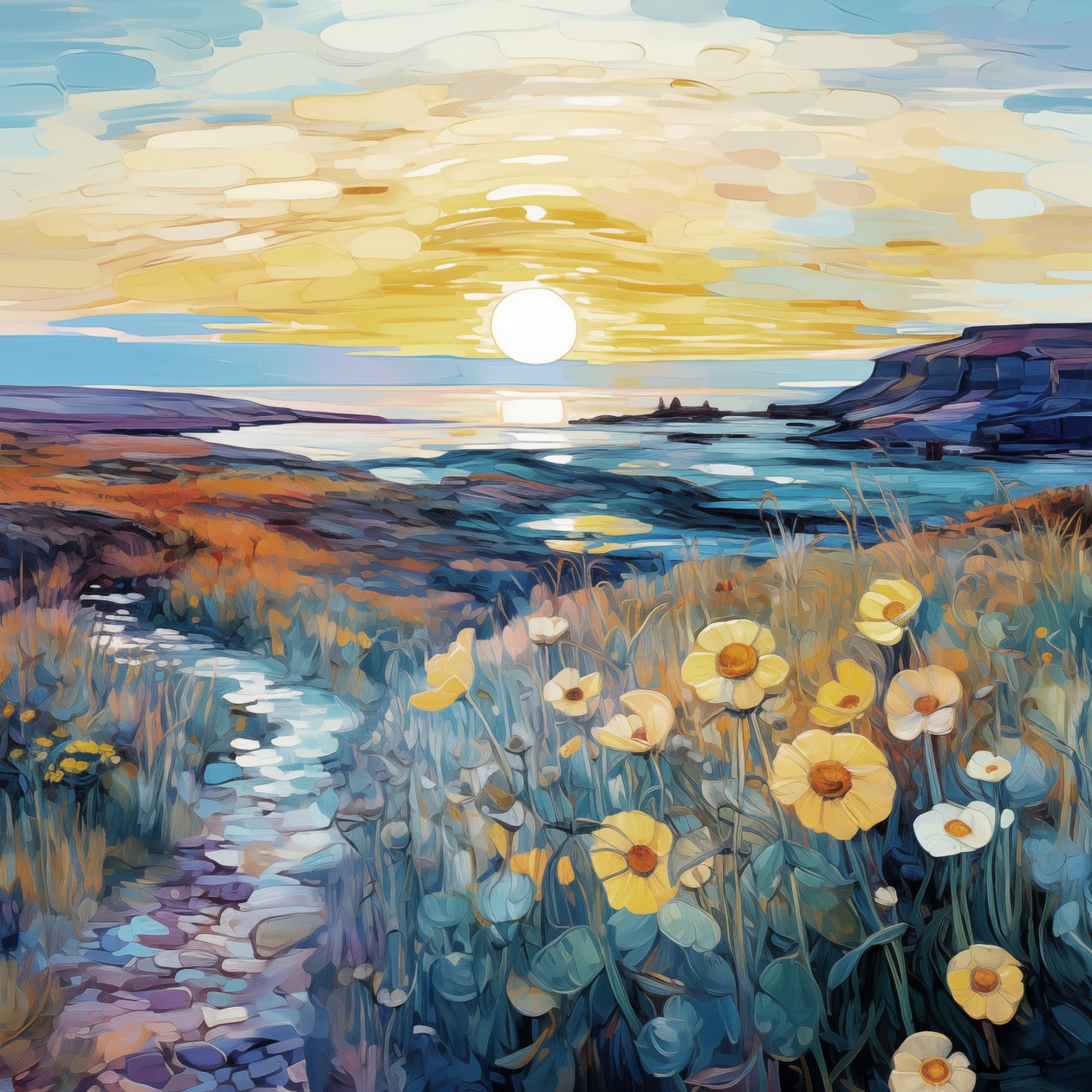 Abstract Purple Flowers in Sunrise Landscape Painting, Impresiones de Arte de Pared de F. Abderrahim