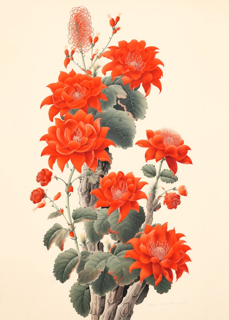 Cactus abstracto con flores, xilografía japonesa, impresiones artísticas enmarcadas para pared de F. Abderrahim
