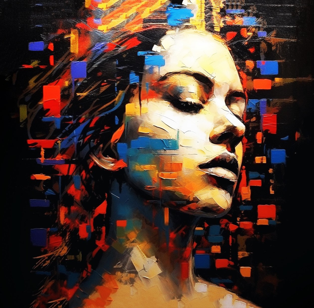 Pintura abstracta retrato femenino perfil fondo negro, Wall Art | Impresiones en lienzo de F. Abderrahim