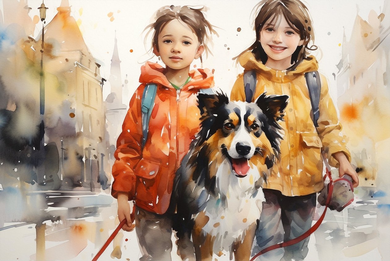 Acuarela Retrato Pintura de perro y los niños, decoración de arte de la pared, canva impresiones de F. Abderrahim