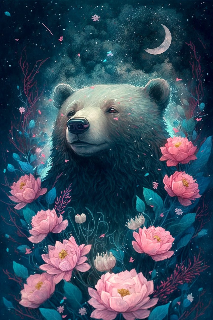 Oso en una escena de ensueño rodeado de flores, enmarcado posters impresos de F. Abderrahim