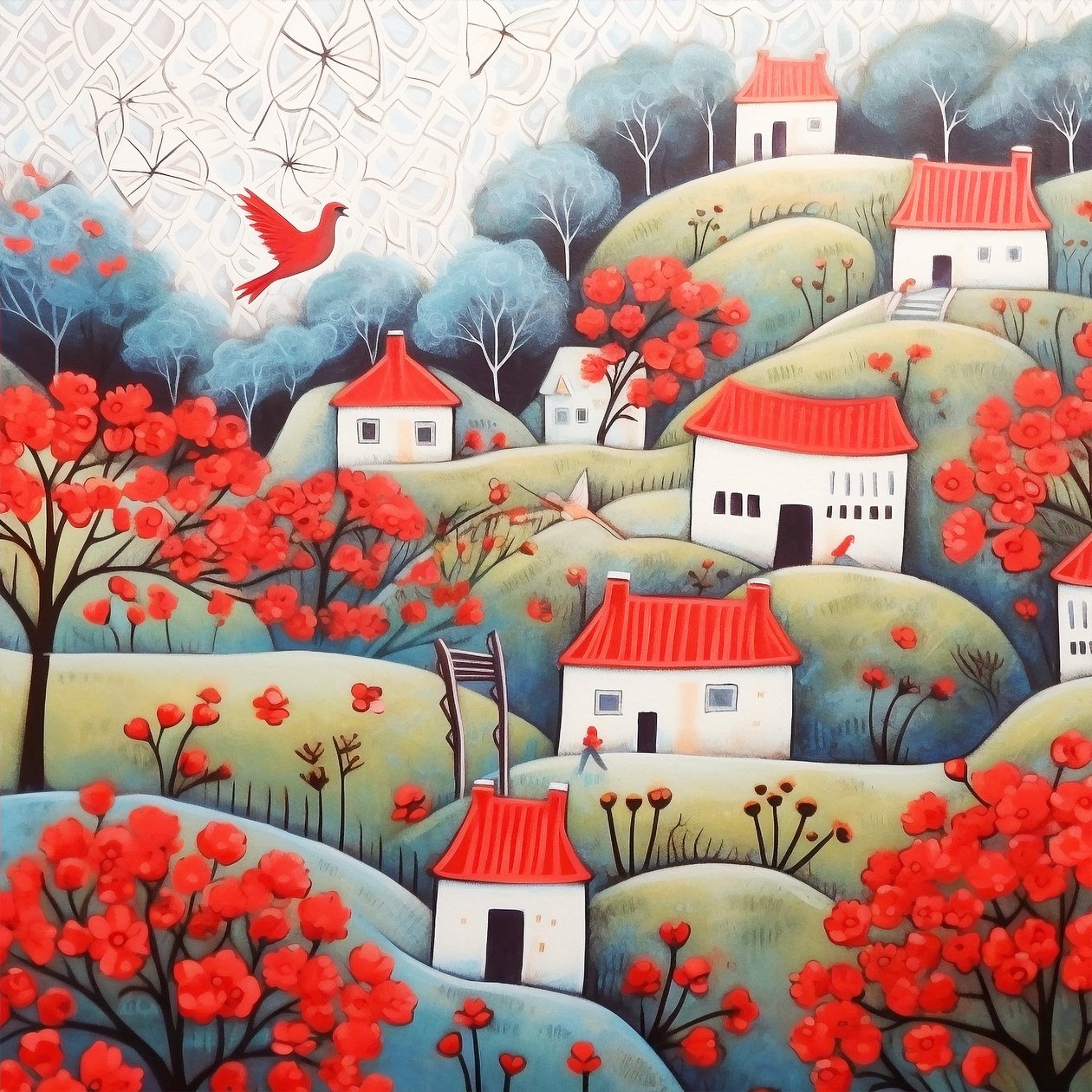 Hermosas casas en un paisaje rojo y púrpura, una pintura surrealista, impresiones en lienzo de F. Abderrahim