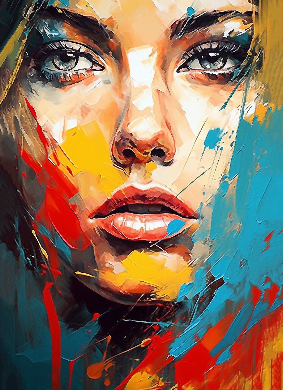 Dibujo de retrato de cara de mujer hermosa, ojos azules, estilo expresionista, impresiones de Arte de pared de F. Abderrahim