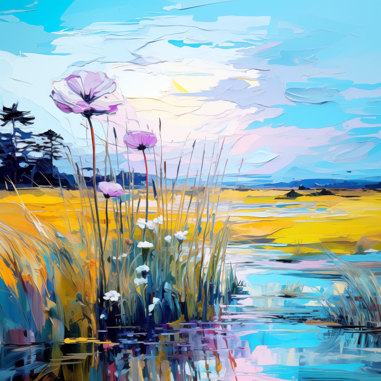 Flores azules, Pintura abstracta de flores azules en un paisaje al amanecer, impresiones artísticas en lienzo de F. Abderrahim