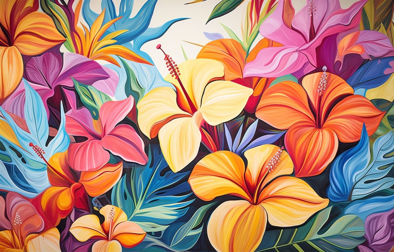 Ramo de flores de hibisco de colores brillantes, pintura floral, impresiones artísticas de F. Abderrahim