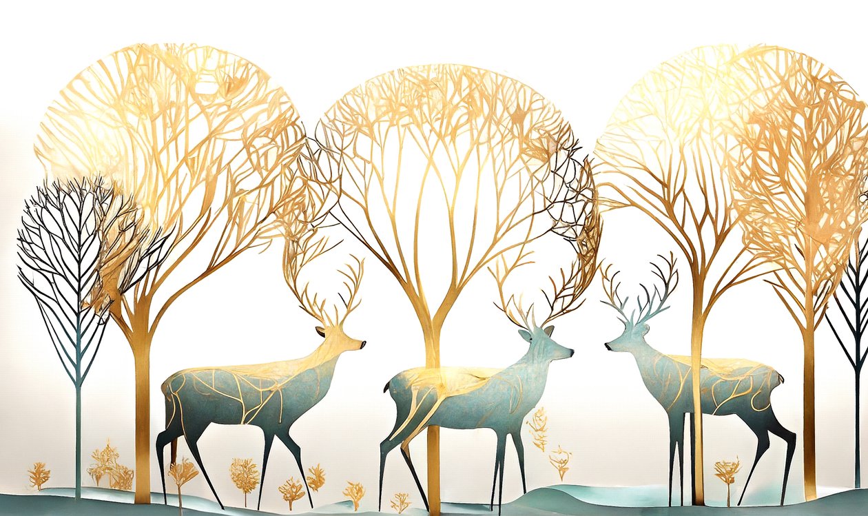Animal ciervo y árbol dorado, Colores pastel abstractos, Impresión artística mural bajo demanda de F. Abderrahim