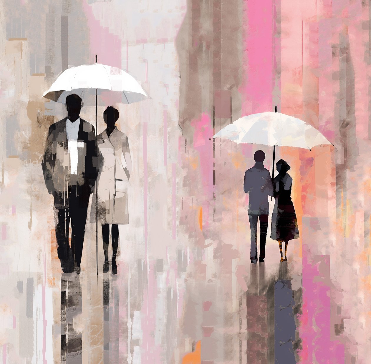 Pareja étnica bajo el paraguas pintura al óleo abstracta bajo la lluvia, pared Impresión de arte de F. Abderrahim