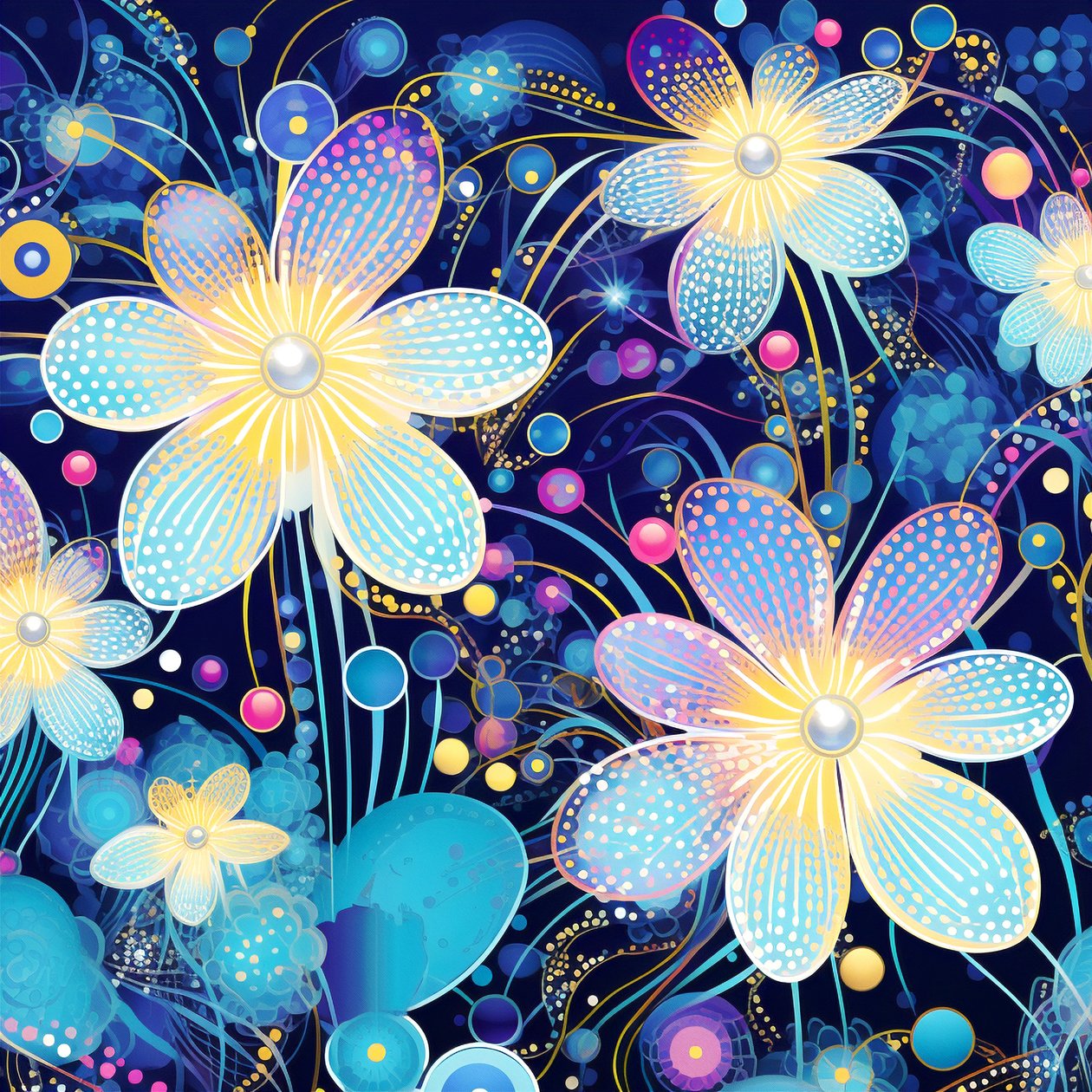 Motivo floral en azul, estilo yayoi kusama, Impresiones artísticas online de F. Abderrahim