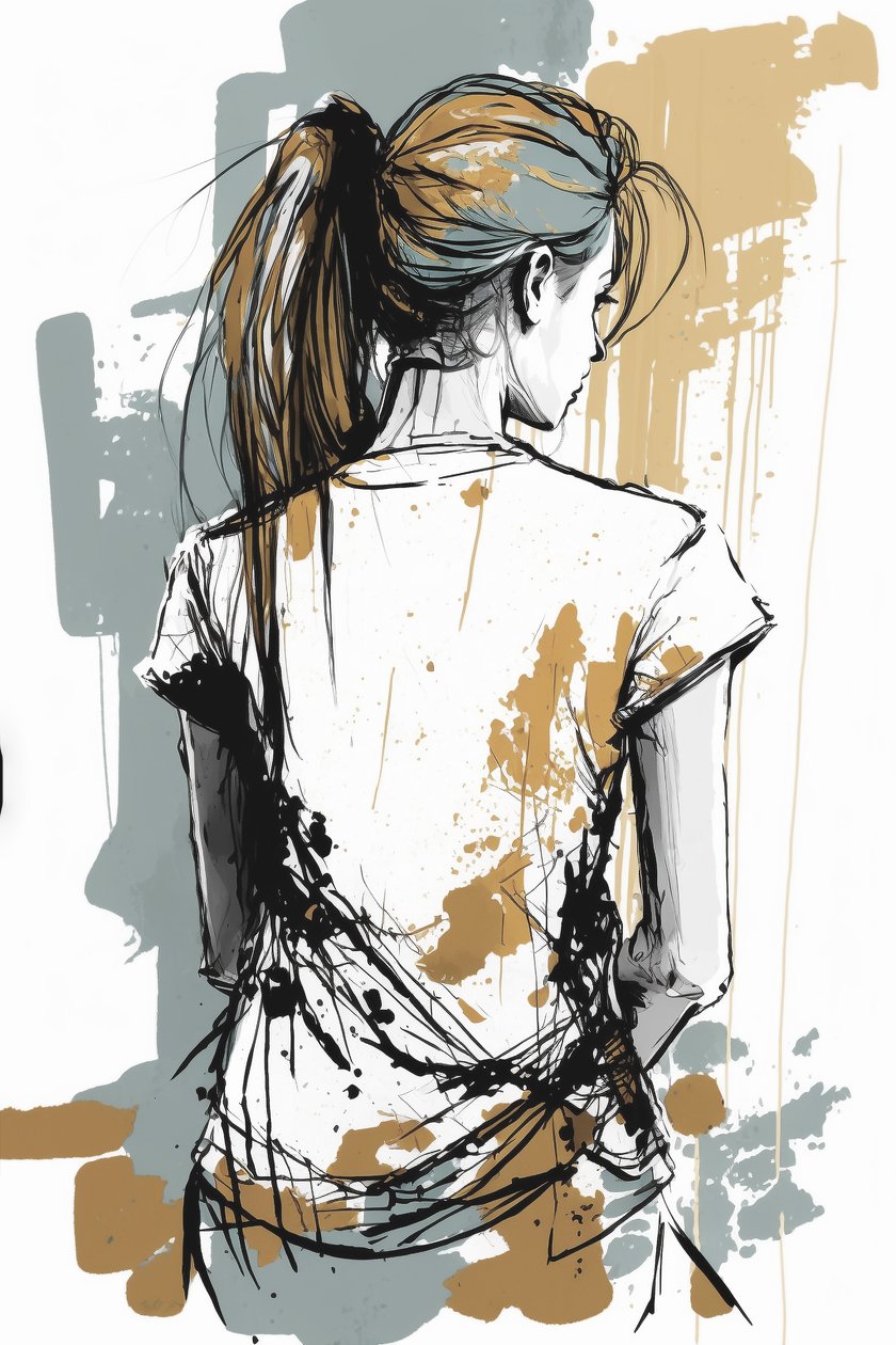 Chicas dibujadas por detrás, dibujo minimalista de líneas caóticas, impresiones murales de F. Abderrahim