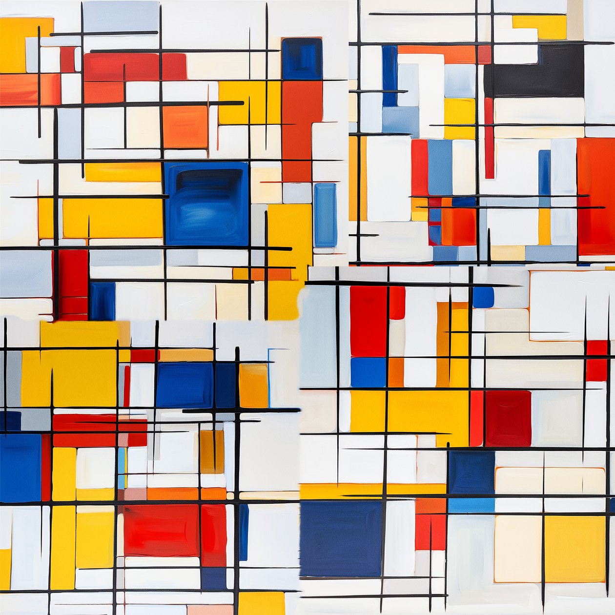 Composición de Mondrian con rojo, azul y amarillo, decoración de pared de salón de F. Abderrahim