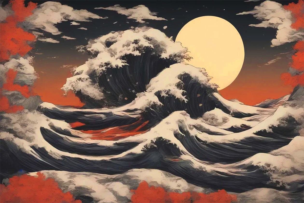 Mar embravecido en un paisaje marino en un cuadro de paisaje, estilo asiático, impresiones de arte mural de F. Abderrahim
