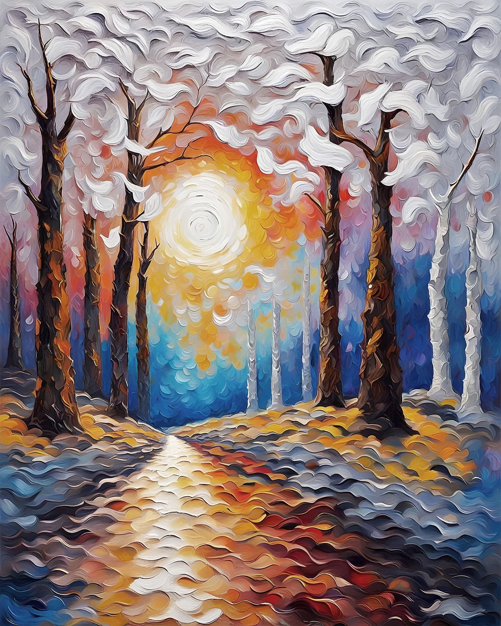 Puesta de sol a través de un bosque, impresiones en lienzo de paisajes, pintura de colores vibrantes de F. Abderrahim