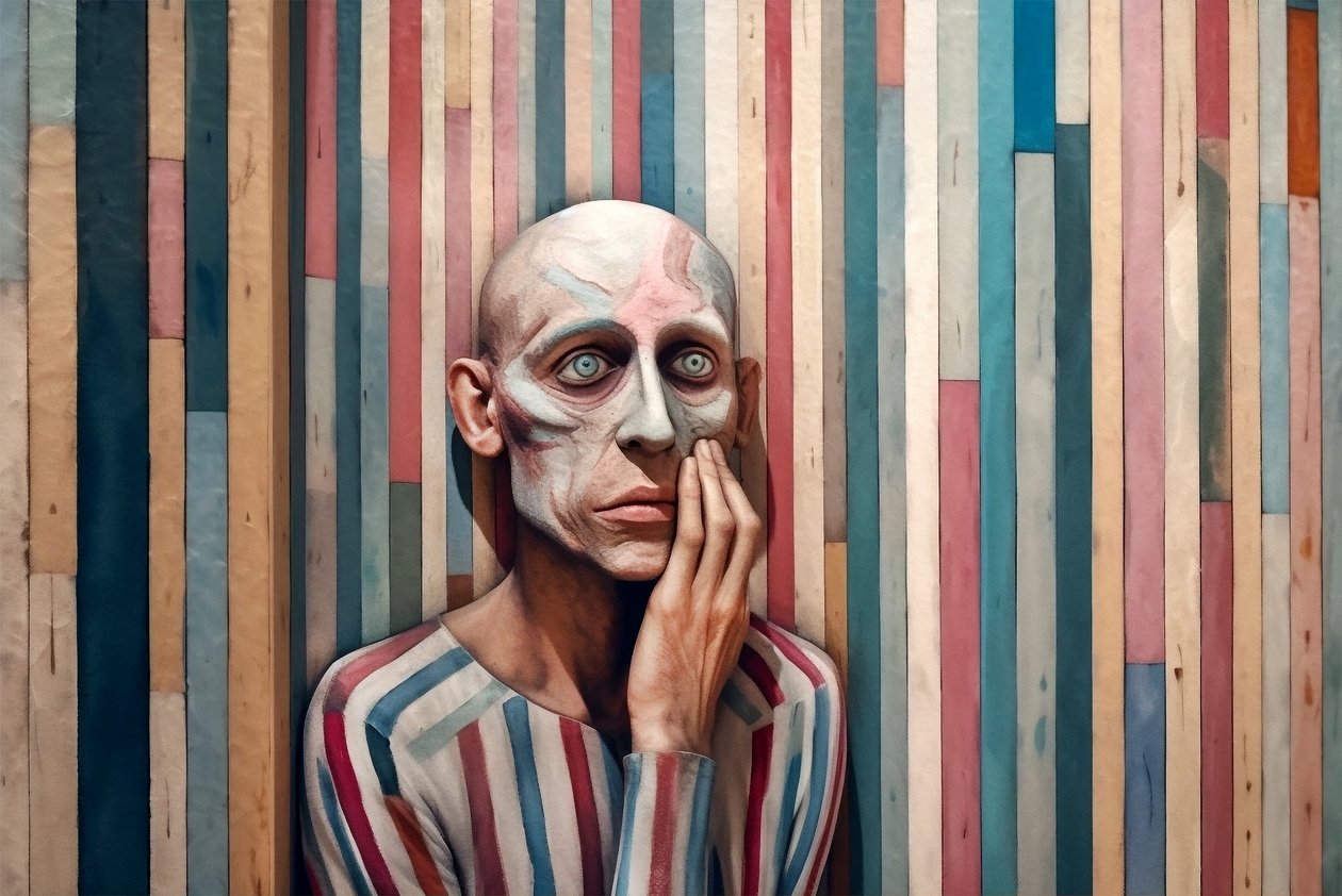 Pintura surrealista de un hombre triste inspirada en Giorgio de Chirico, impresiones artísticas de F. Abderrahim