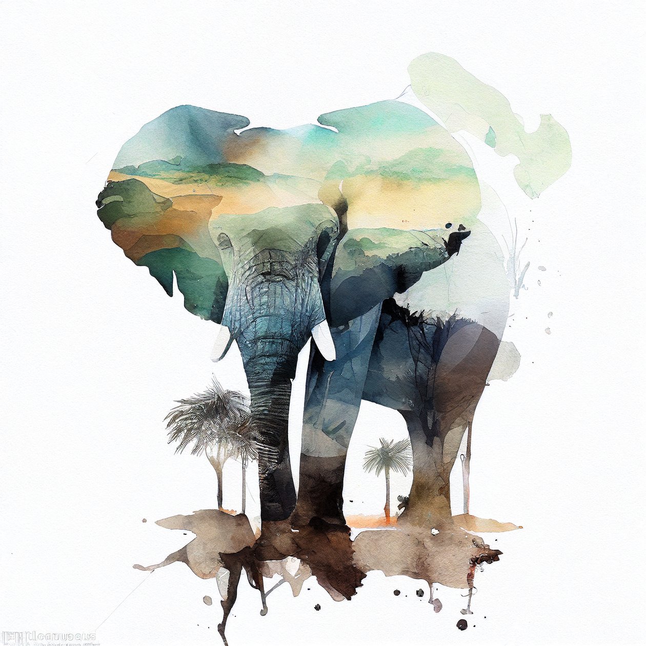 Cuadro acuarela elefante, sabana africana , Impresiones artísticas cuadradas de pared de F. Abderrahim