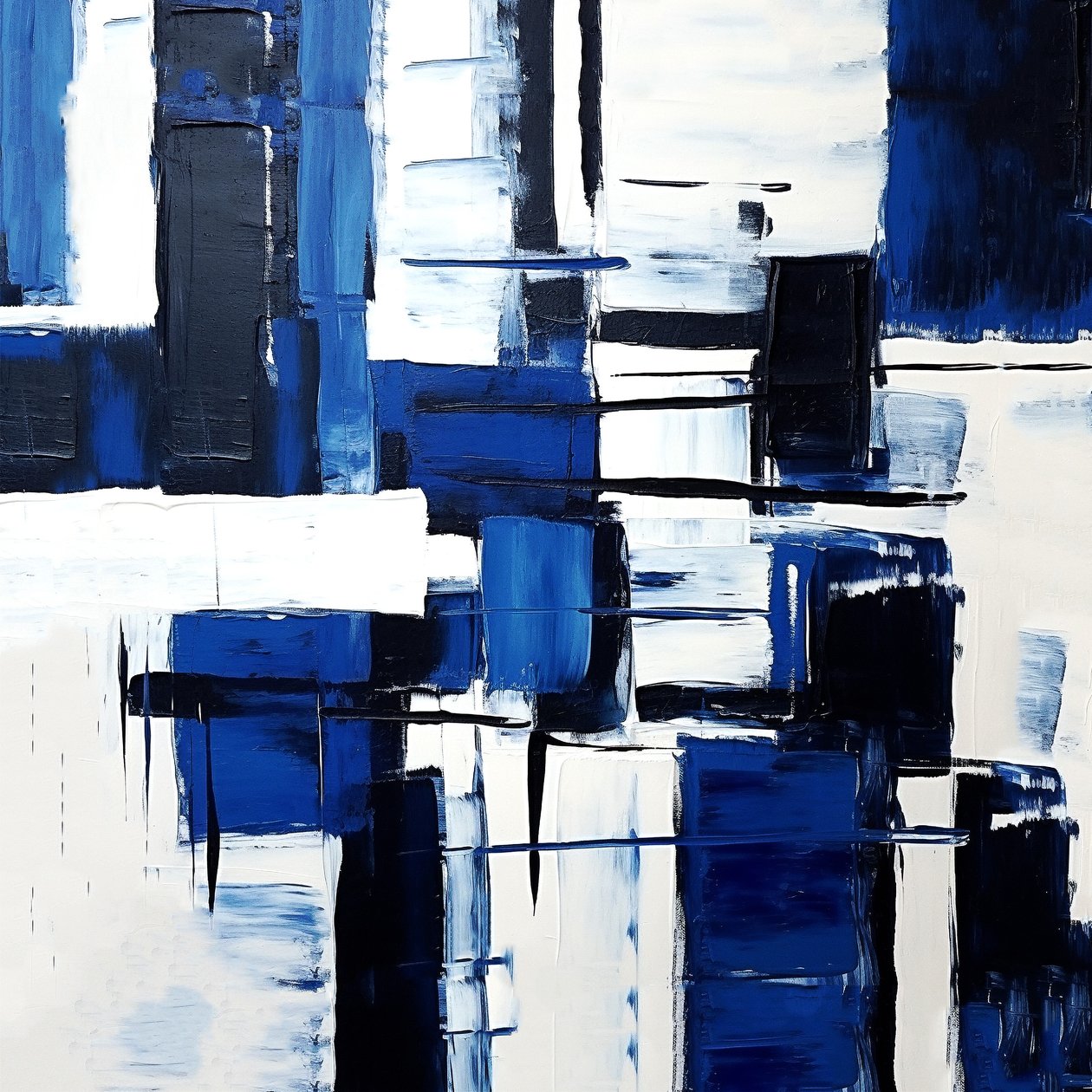 expresionismo abstracto rejilla geométrica composición negro y azul, pared Impresiones artísticas de F. Abderrahim