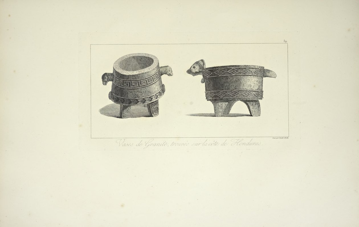 Jarrones en granito, encontrados en la costa de Honduras, ilustración de "Vues des Cordillères et Monumens des Peuples Indigènes de l