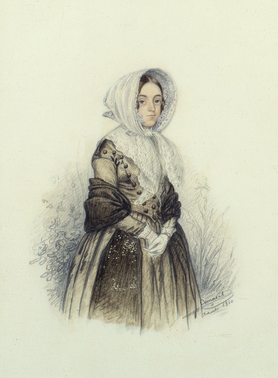 Retrato de una joven con sombrero y guantes blancos, 1840 de F. Camaret