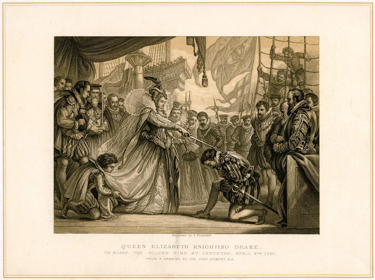 La reina Isabel nombrando caballero a Drake a bordo del Golden Hind, 4 de abril de 1581, siglo XIX de F Fraenkel