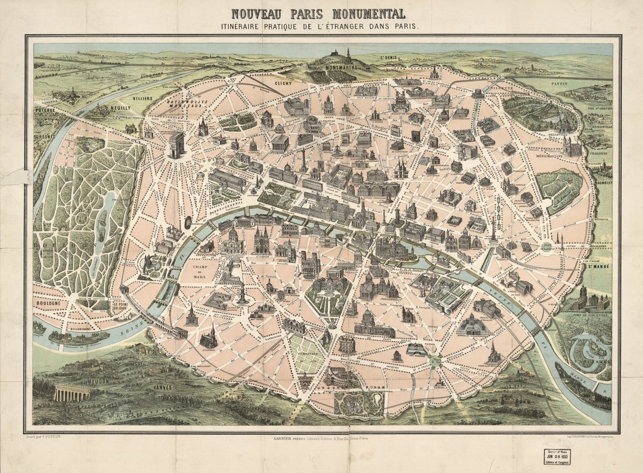 Edificios seleccionados mostrados de forma pictórica. A vista de pájaro. Copia de la LC montada en tela. Disponible también en el sitio web de la Biblioteca del Congreso como imagen rasterizada de F.; Garnier Frères; Dufrénoy Dufour