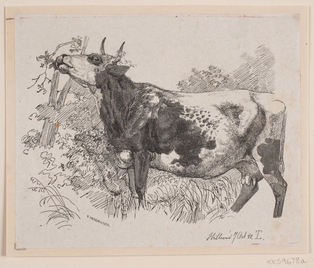Una vaca comiendo hojas de un árbol de F. Hendriksen
