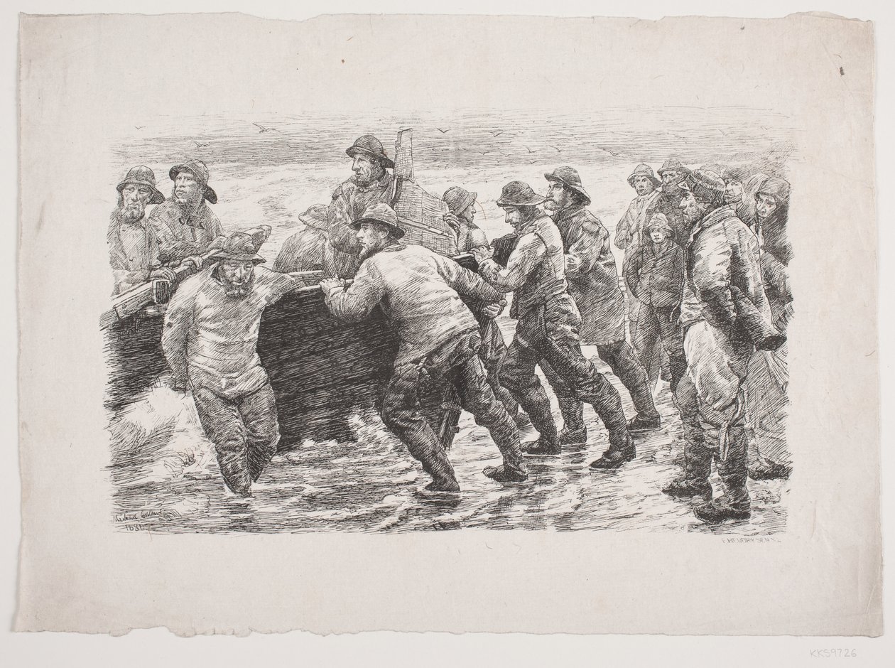 Pescadores preparando un bote para el agua de F. Hendriksen