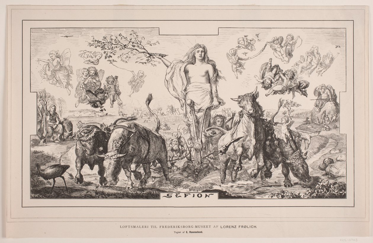 Gefion, pintura de techo para el museo de Frederiksborg por Lorenz Frølich de F. Hendriksen