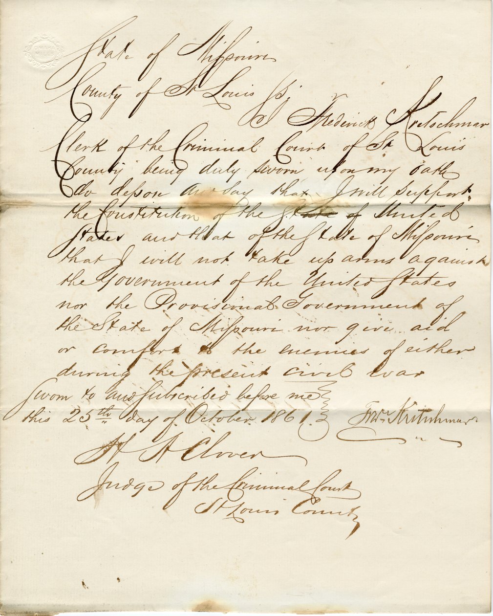 Juramento de lealtad de Frederick Kretschmar, Estado de Missouri, Condado de St. Louis de F. Kretschmar