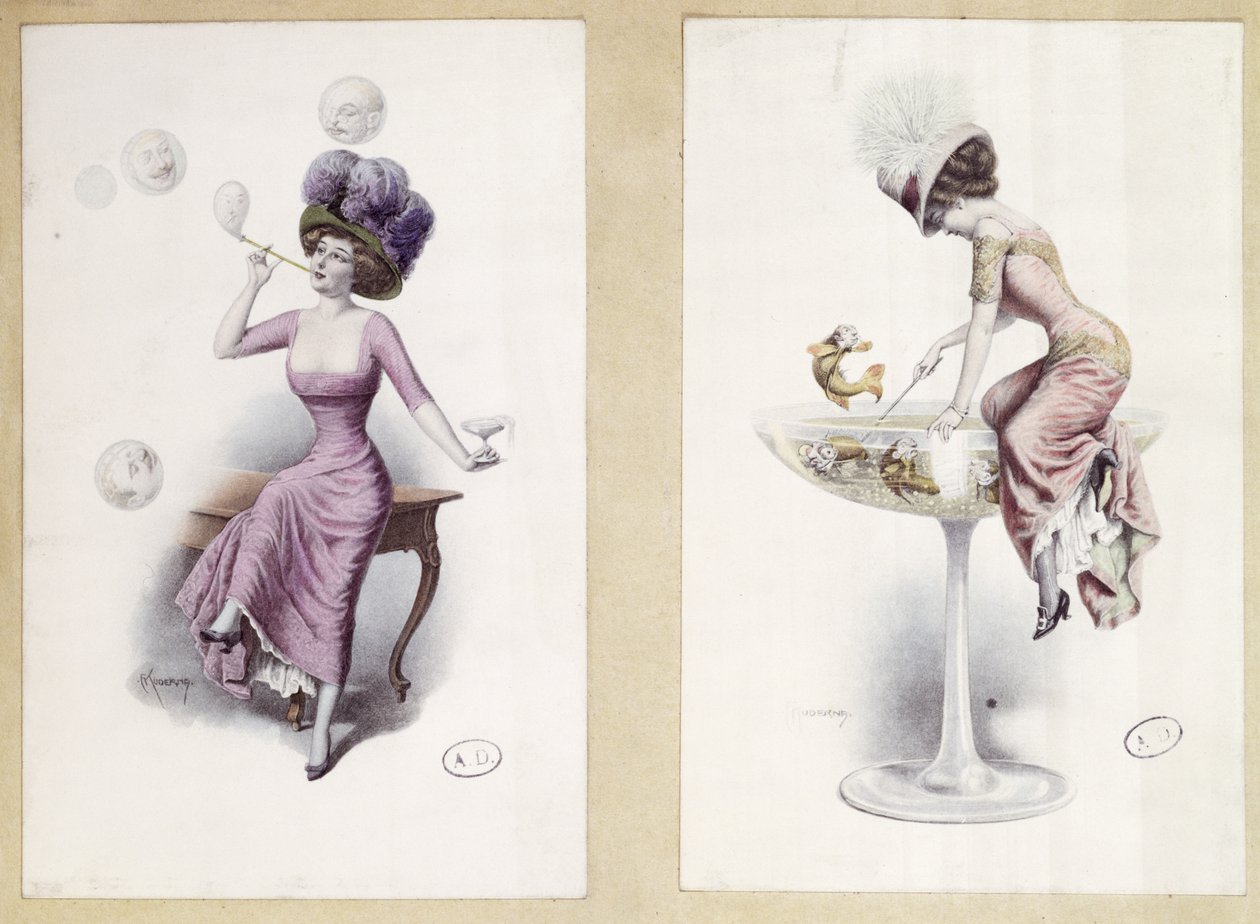 Tarjetas postales que representan a una mujer soplando burbujas y pescando en una copa de champán, c.1900 (litografía en color) de F. Kuderna