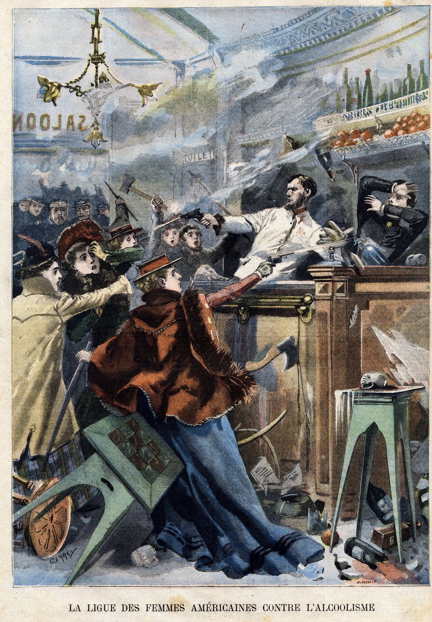 Liga Americana de Mujeres contra el Alcoholismo. En un saloon de EE.UU. mujeres disparando con pistolas a los camareros de F. L & Carrey (fl.1900) Meaulle