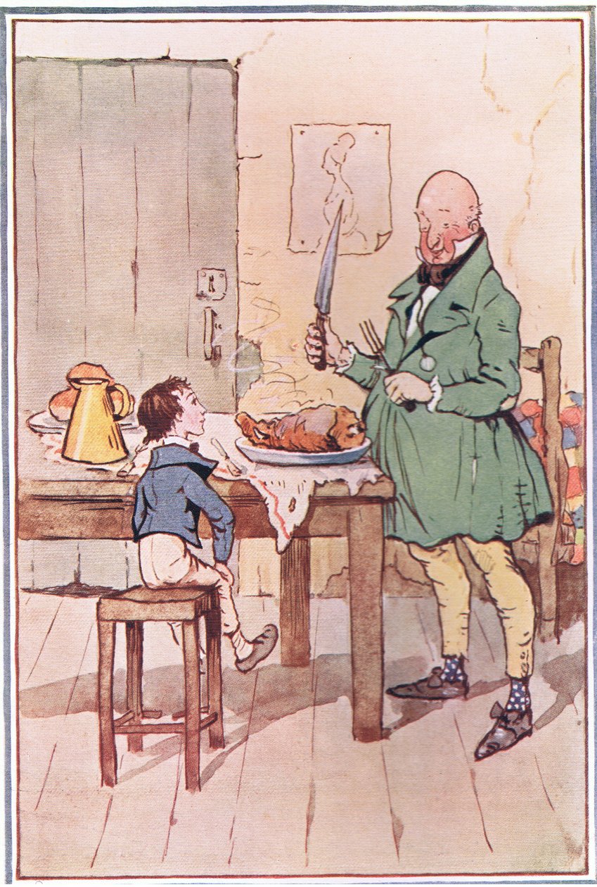David cenó con el Sr. McCawber en la prisión, ilustración de David Copperfield, 1914 de F. M. B. Blaikie