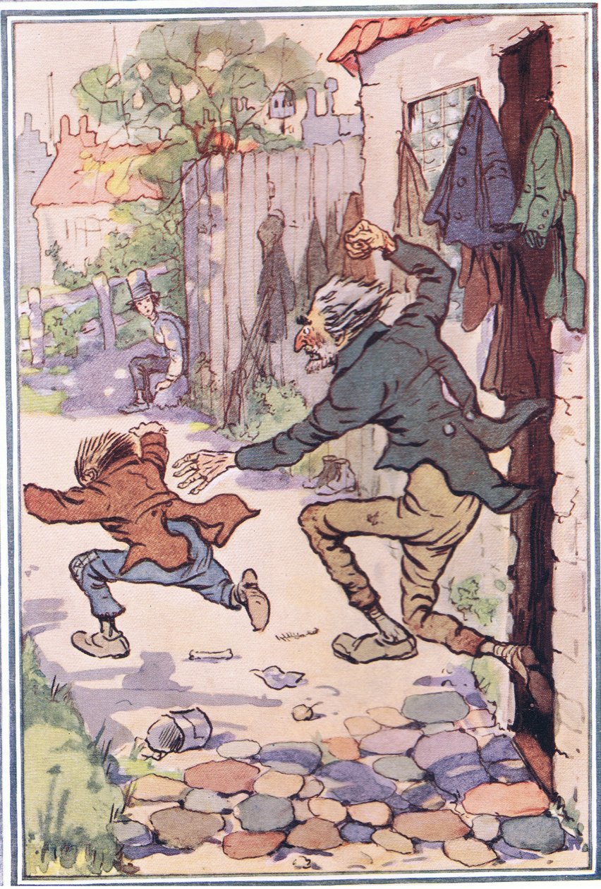 Salió corriendo de la tienda tras ellos y los hizo volar, ilustración de David Copperfield, 1914 de F. M. B. Blaikie