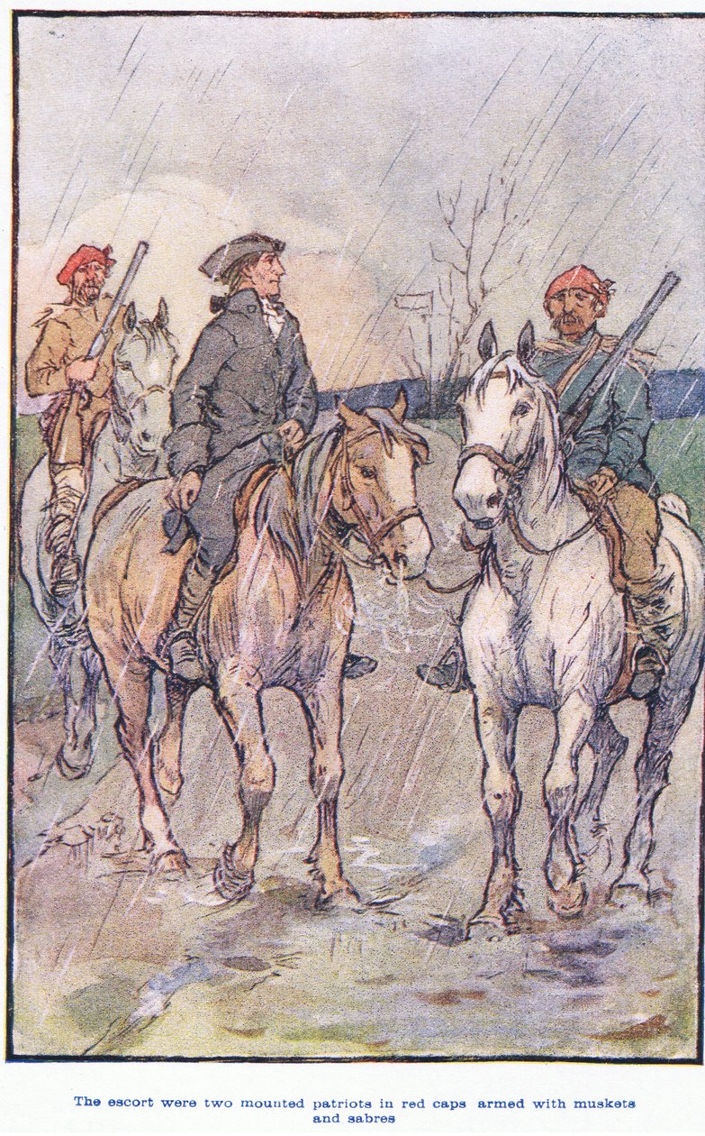 La escolta eran patriotas montados con gorros rojos, armados con mosquetes y sables de F. M. B. Blaikie