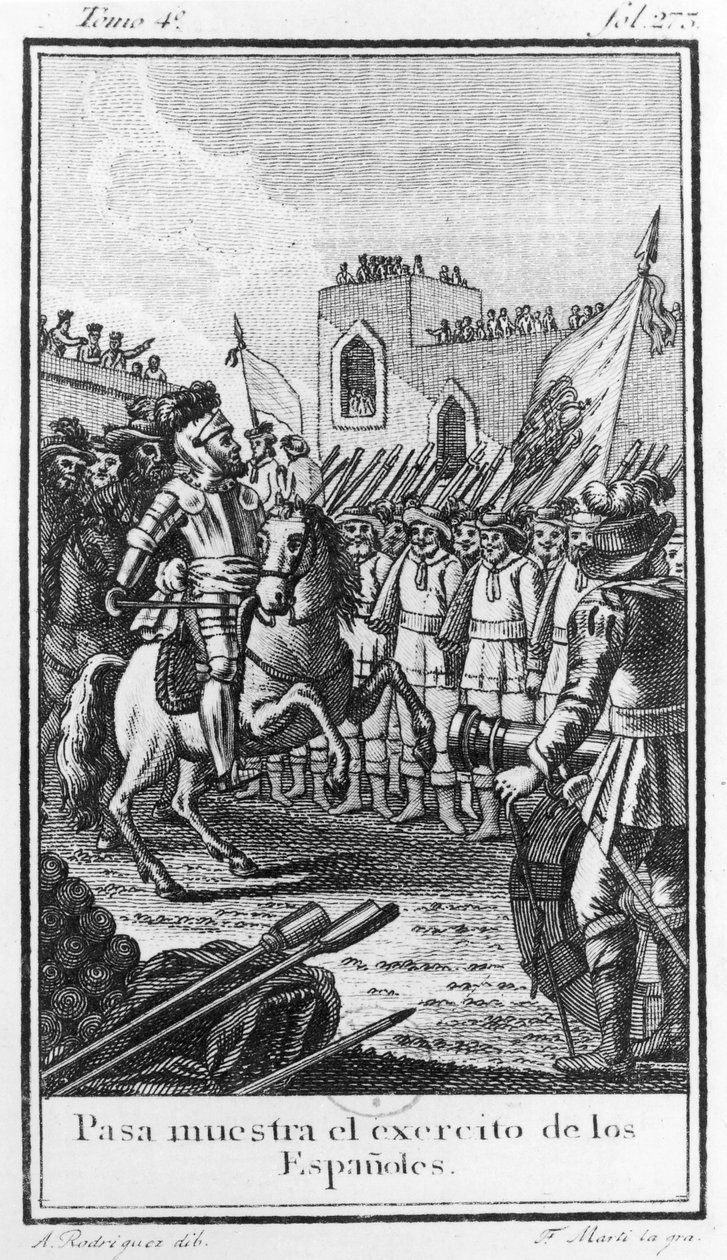 Hernando Cortés revisando sus tropas, grabado por Antonio Rodríguez de F. Marti