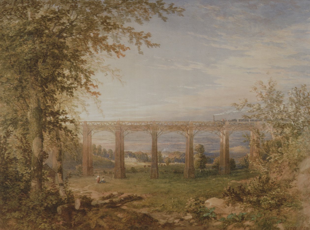 Un viaducto ferroviario de ladrillo y madera con tren de vapor, 1849 de F. S. Cook