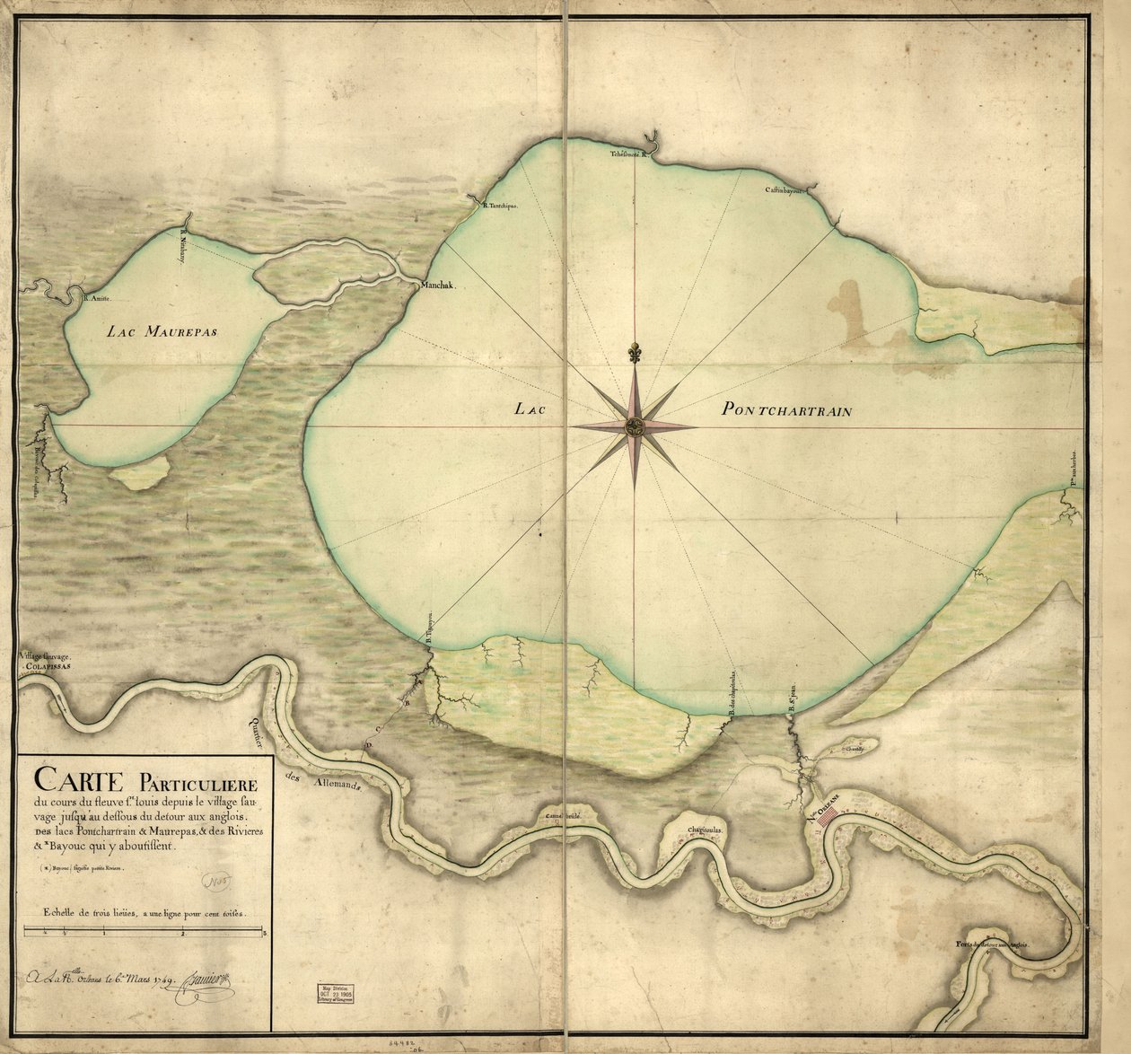 Mapa particular del curso del río St. Louis desde el pueblo sauvage hasta debajo del Detour aux Angloix, de los lagos Pontchartrain y Maurepas y de los ríos y bayouc que conducen a ellos. de F. Saucier