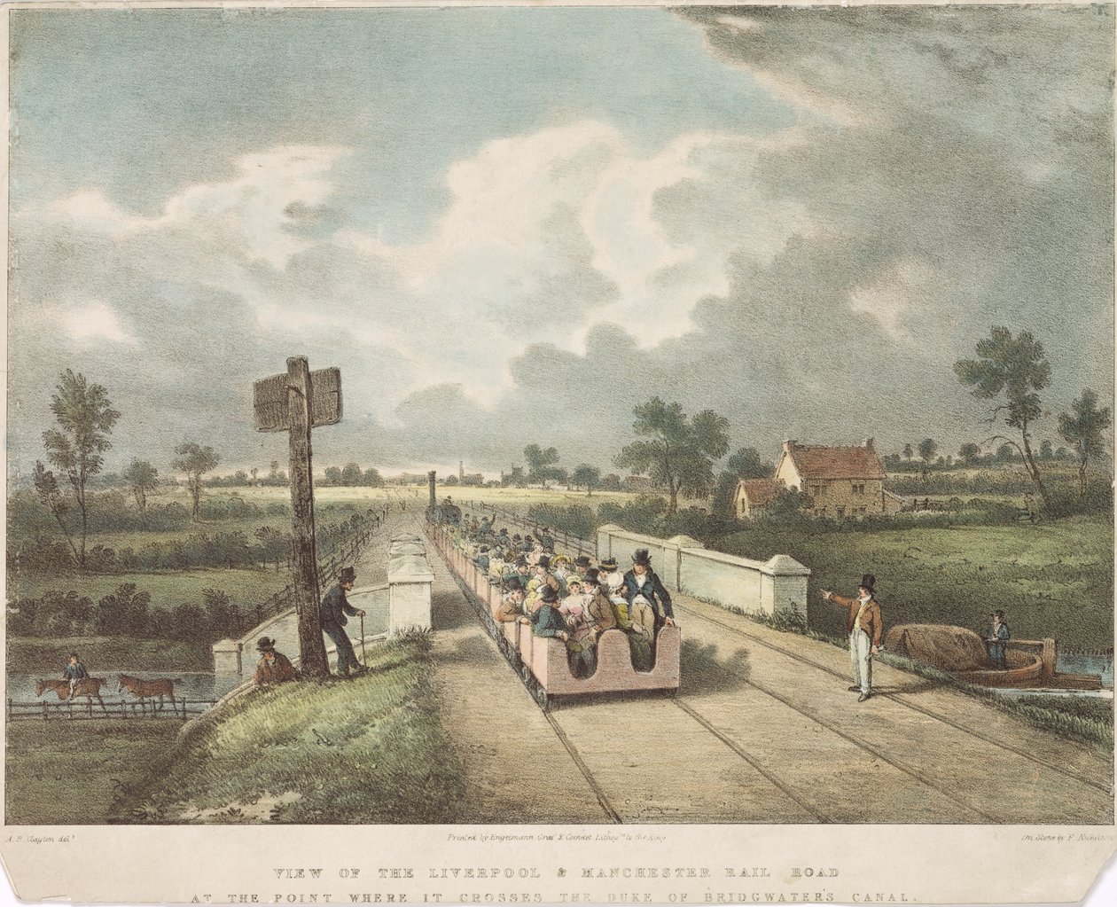 Vista del ferrocarril de Liverpool y Manchester en el punto donde cruza el canal del duque de Bridgewater (grabado por A.B. Clayton) de F. after Nicholson